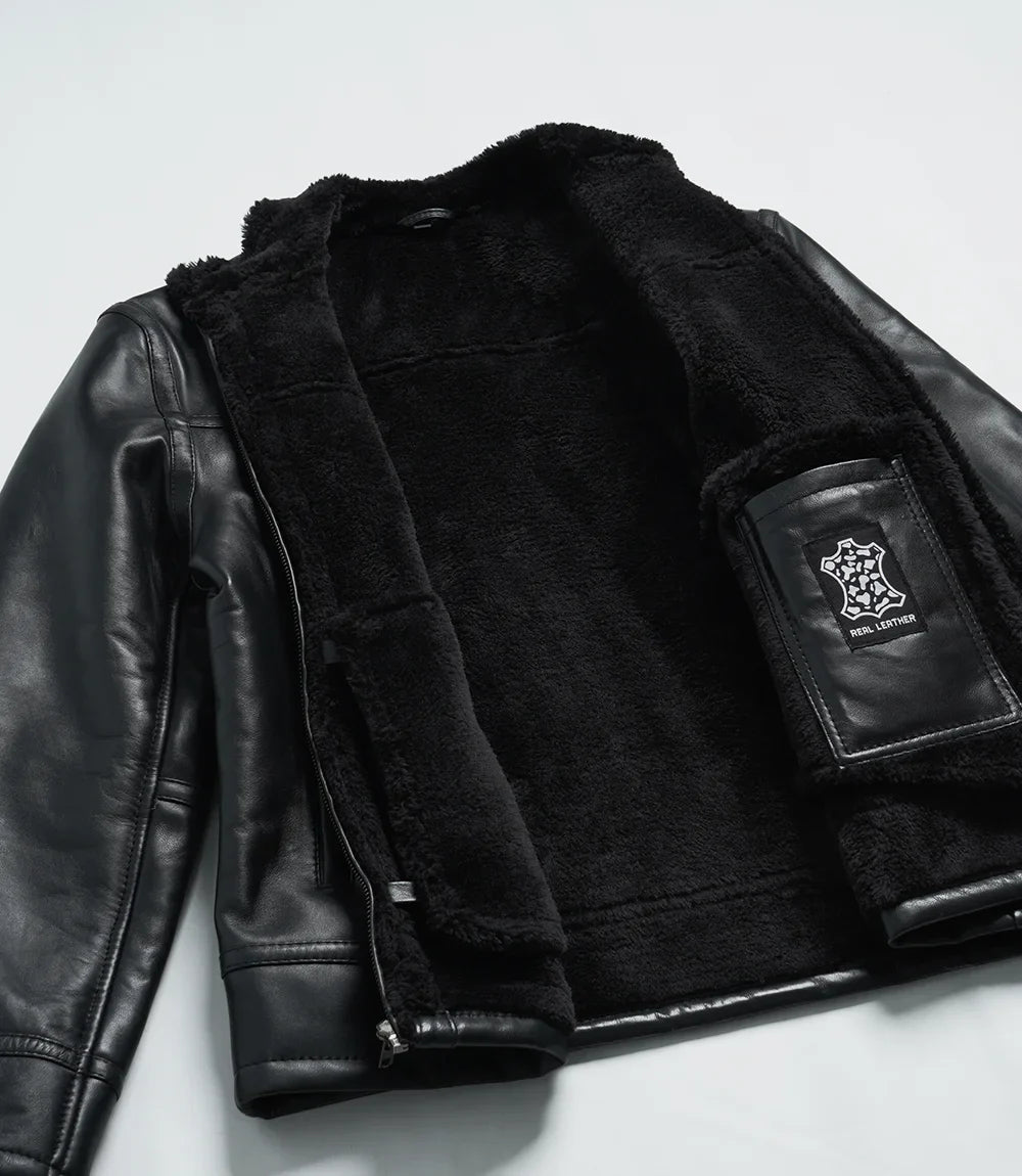 Men’s Black Real Lambskin Leather Jacket with Faux Shearling Lining