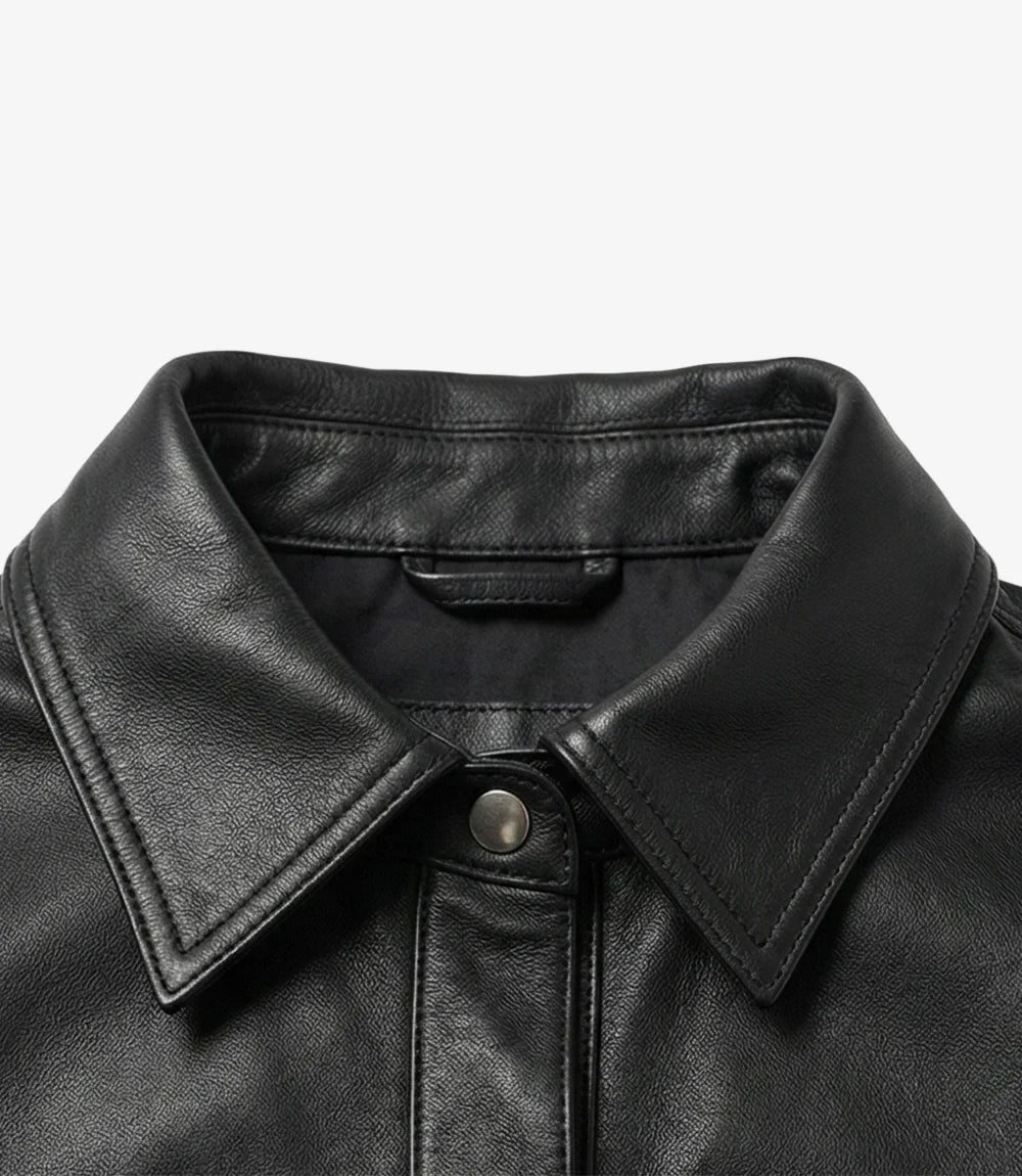 Women’s Minimalist Black Lambskin Leather Shacket – Snap-Button Closure