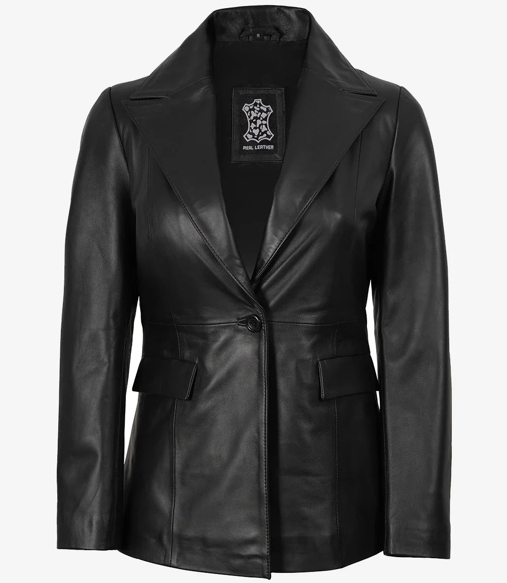 Women's Black Lambskin Single-Button Notch Lapel Blazer