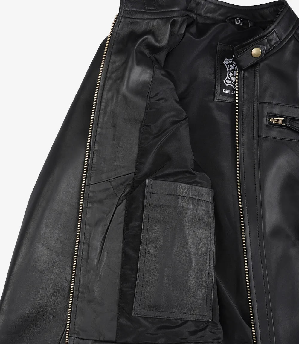 Women's Black Quilted Lambskin Biker Jacket — Gold Zippers & Snap Cuffs