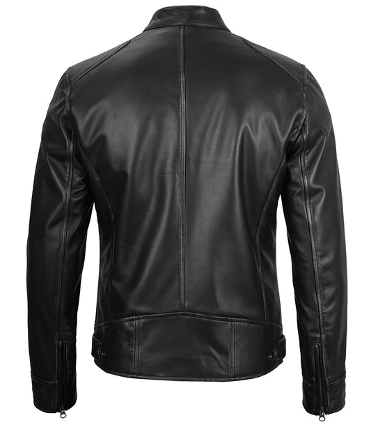 Dodge Men's Black Leather Cafe Racer Jacket Max Jackets