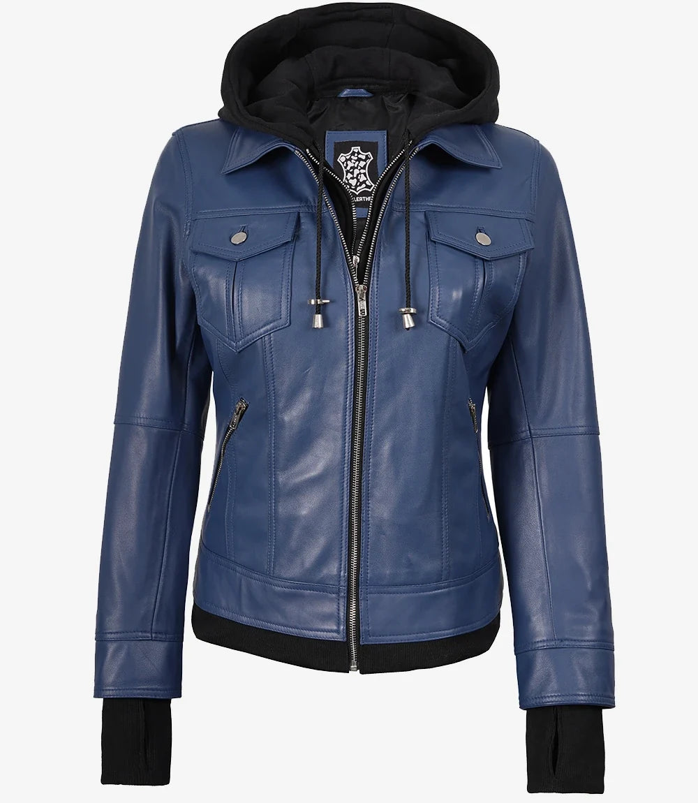 Women's Blue Lambskin Bomber Jacket with Removable Hood