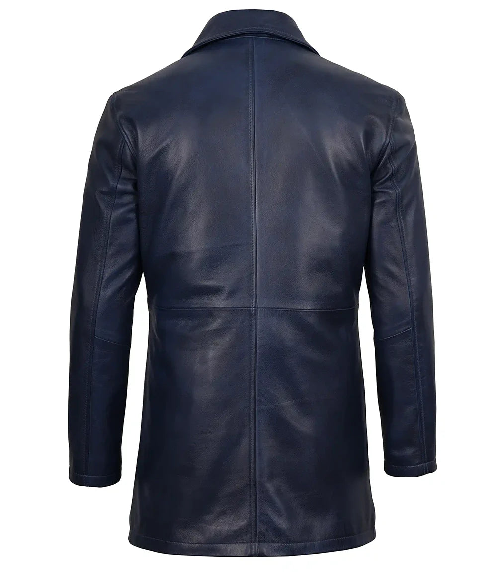 Mens 3/4 Length Blue Waxed Leather Car Coat