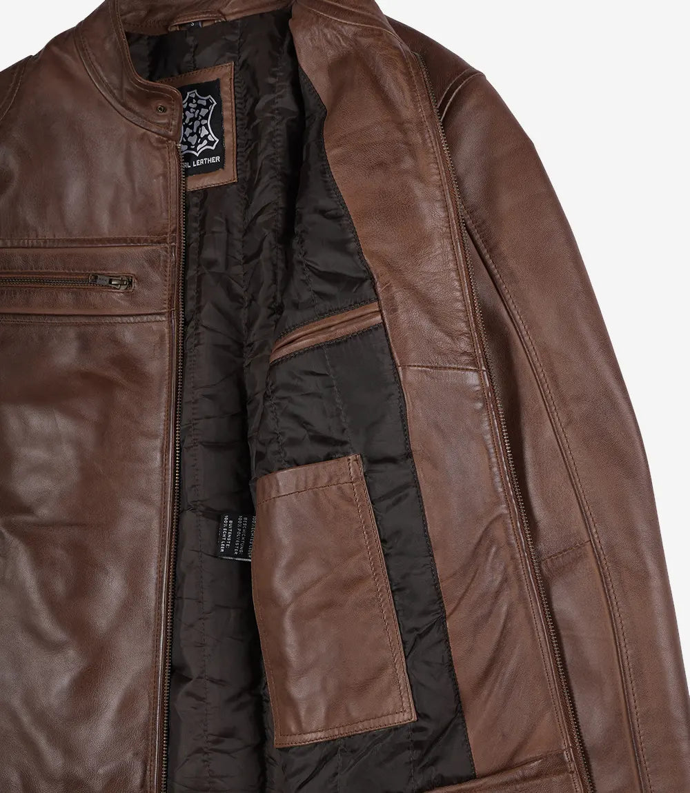 Men’s Cognac Brown Cafe Racer Lambskin Leather Jacket