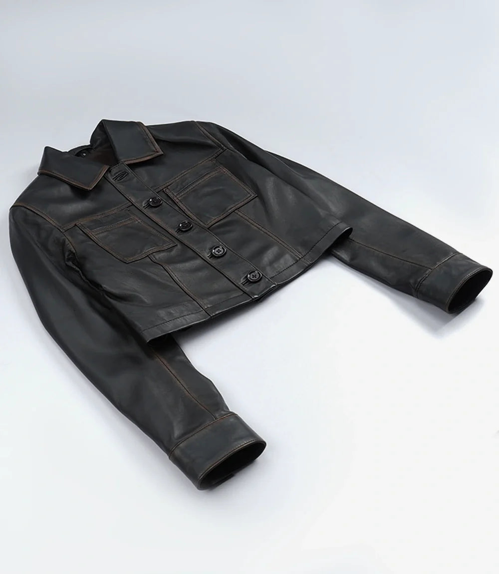Women's Dark Brown Cropped Harrington Leather Jacket