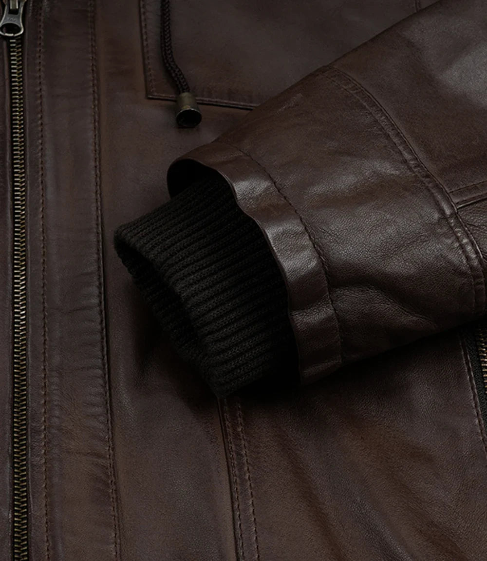 Men's Dark Brown Bomber Leather Jacket With Removable Hood