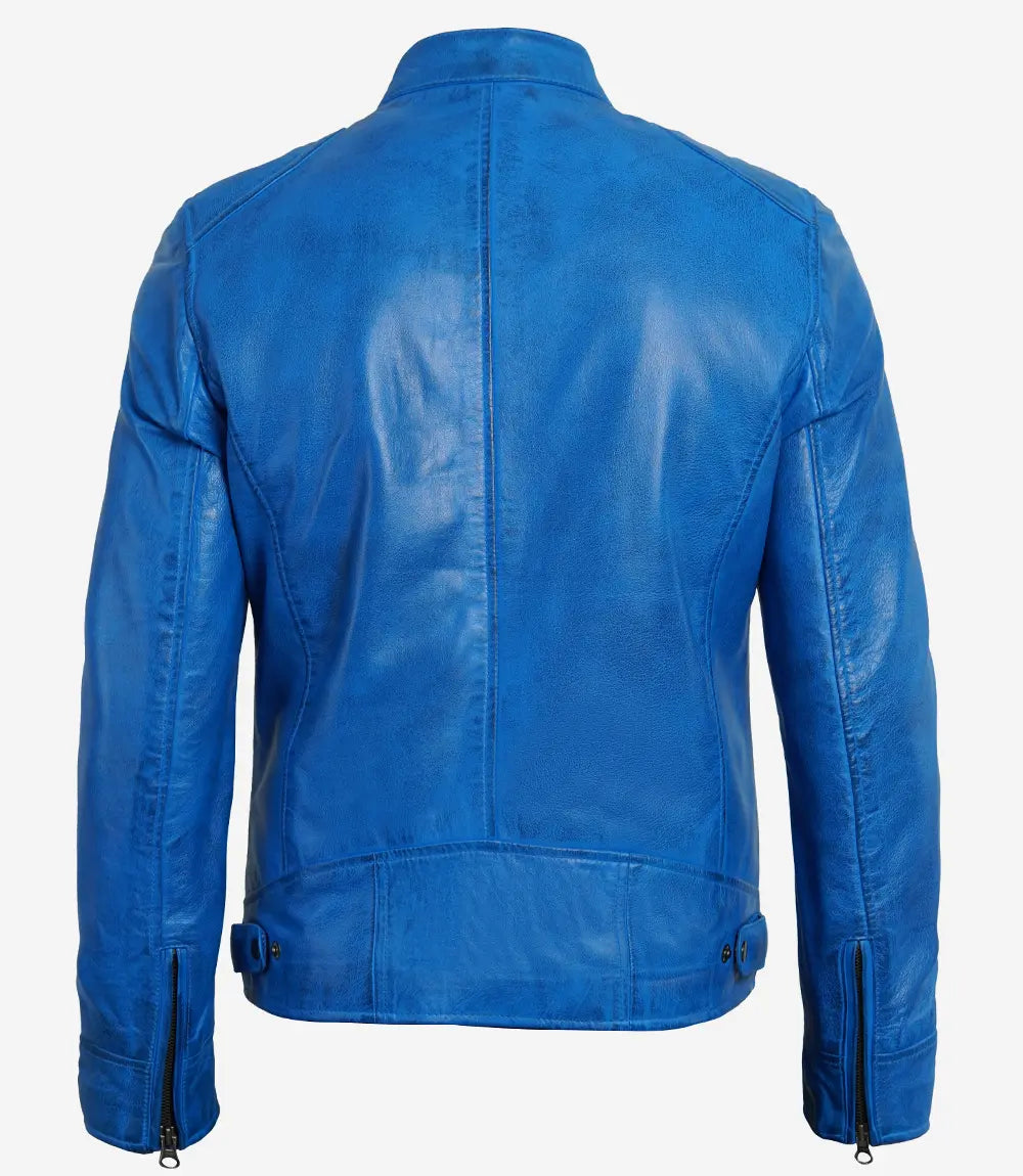 Dodge Men's Distressed Blue Leather Cafe Racer Jacket