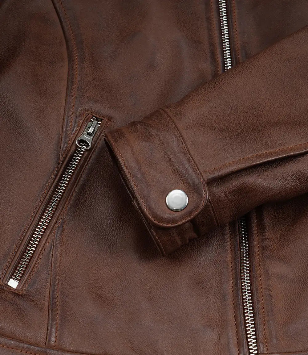 Women's Cognac Wax Cafe Racer Style Leather Jacket