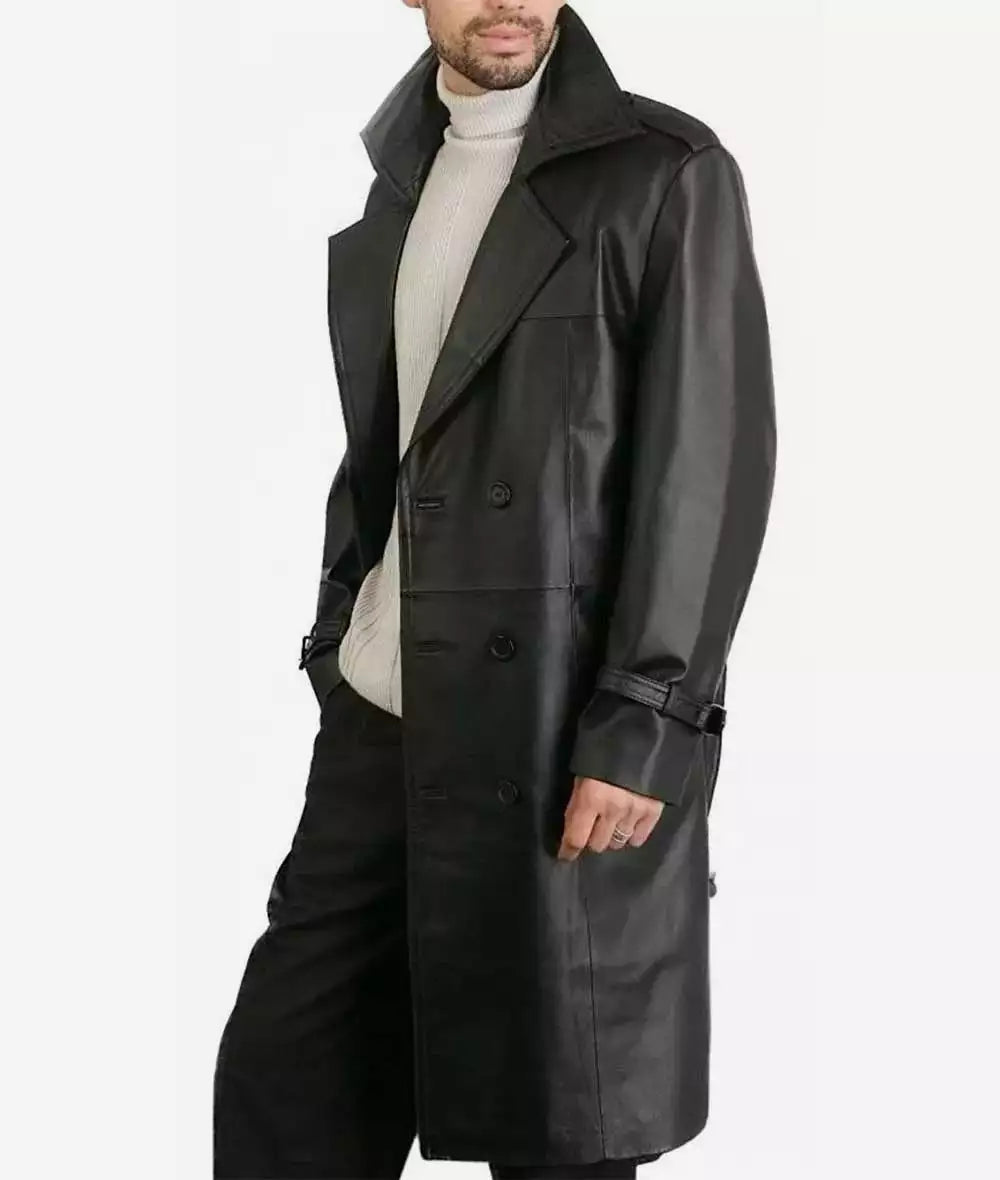 Mens Black Knee Length Leather Coat — Double-Breasted style