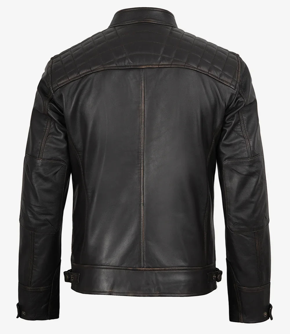 Men's Tall Distressed Brown Leather Biker Style Jacket - Quilted Shoulder