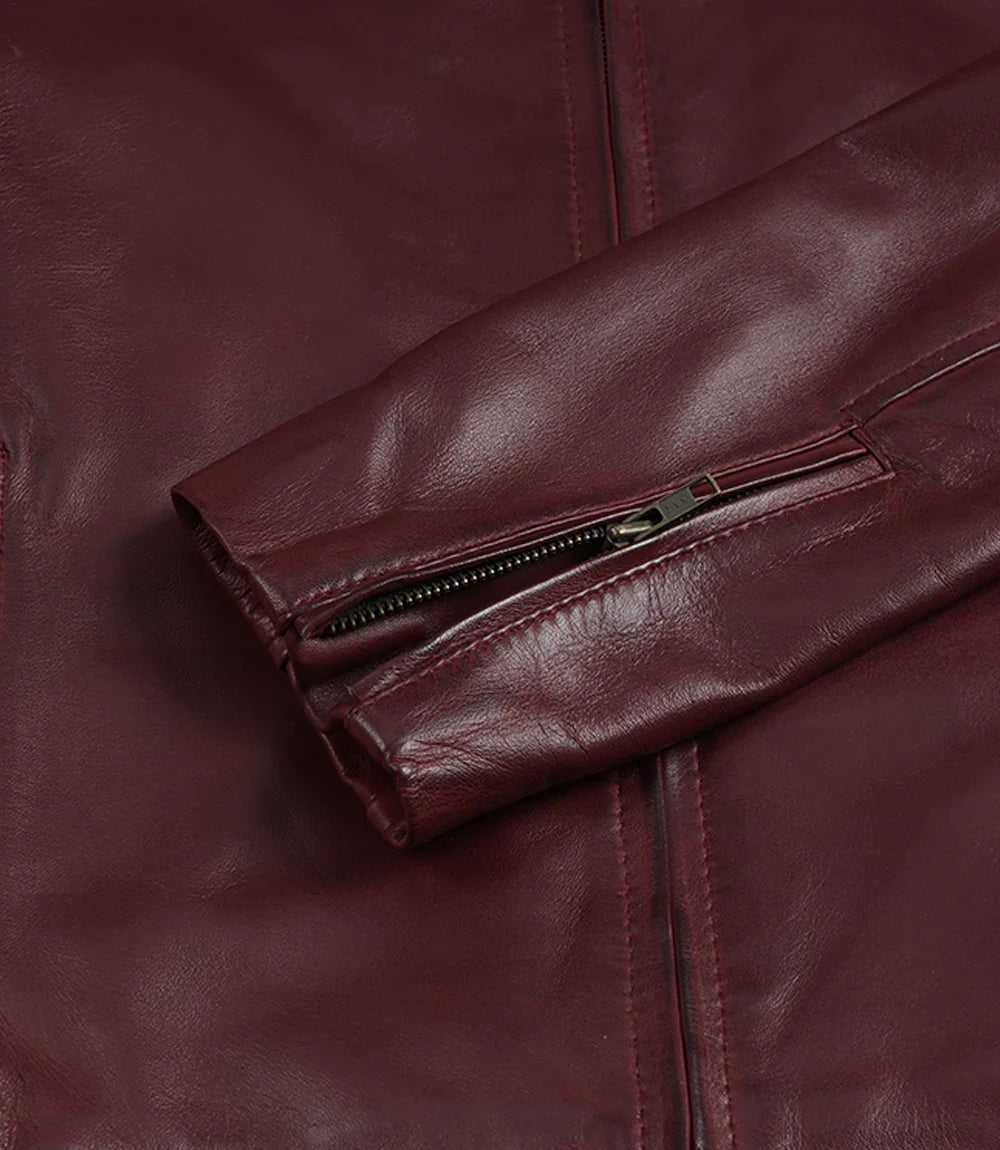 Men's Maroon Waxed Leather Biker Style Jacket
