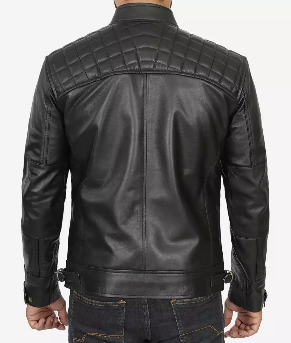 Men's Tall Quilted Shoulder Black Biker Style Leather Jacket