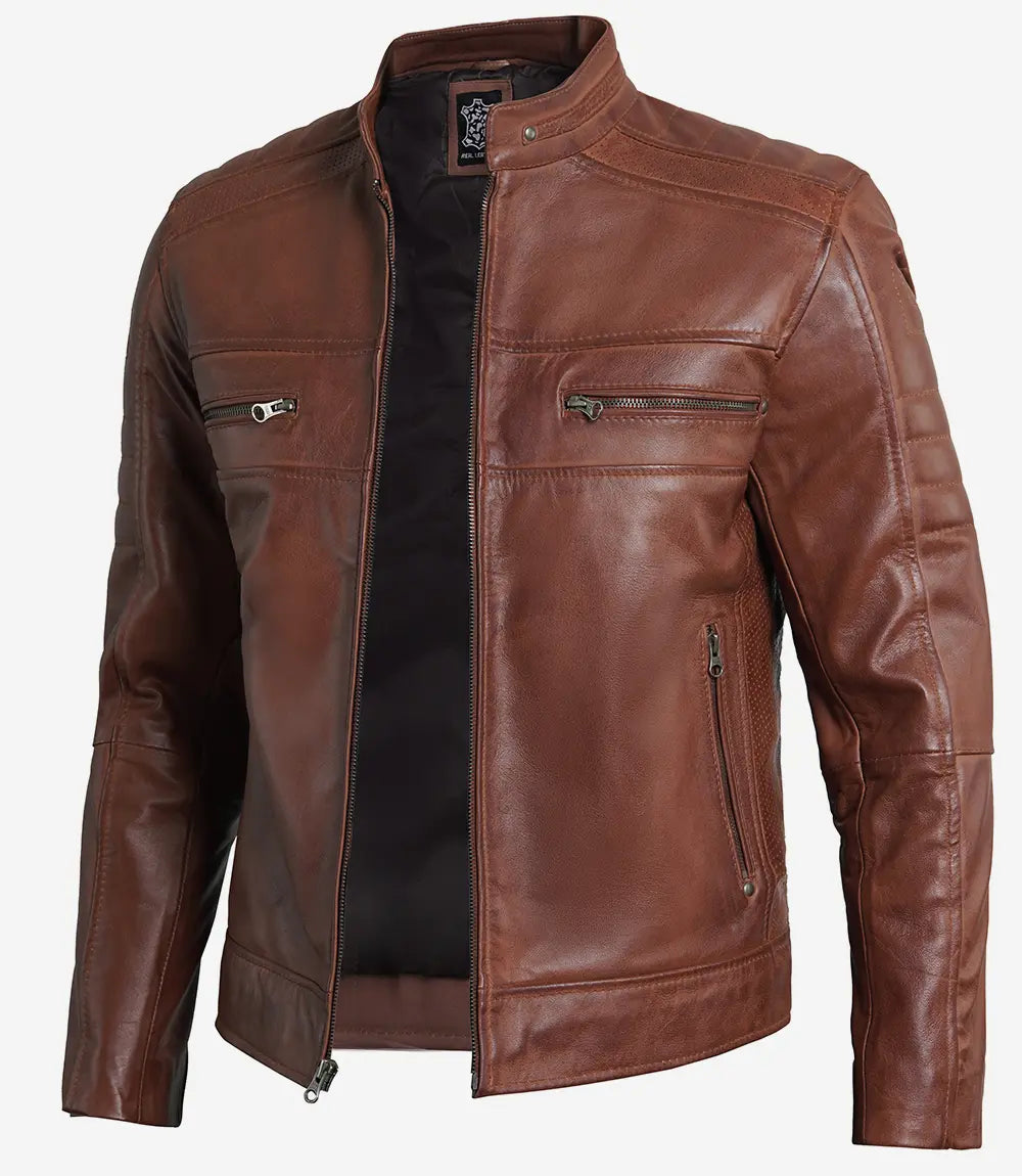 Men's Premium Cognac Cafe Racer Leather Jacket Men's Premium Cognac Cafe Racer Leather Jacket Max Jackets