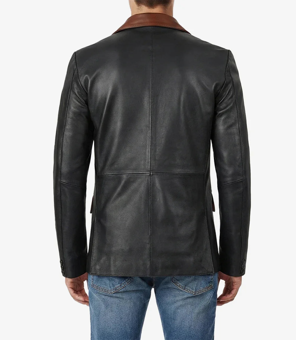 Men's Black Leather Blazer with Cognac Notch Lapel