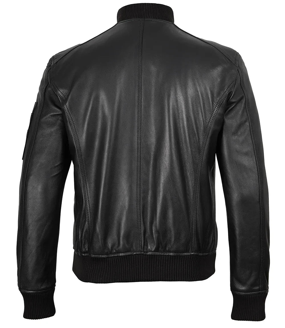 Men's Black Real Leather Bomber Jacket – Minimalist Edition