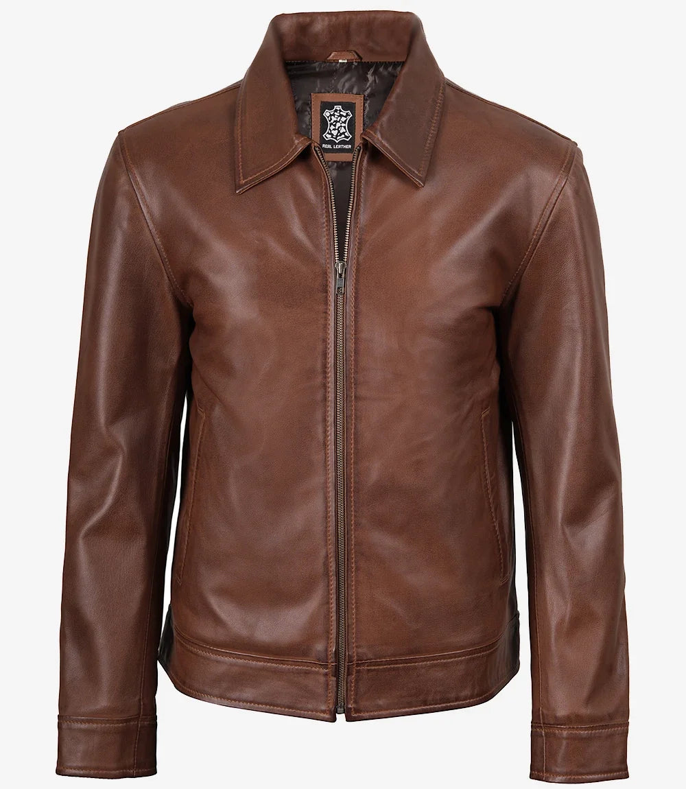 Men's Cognac Brown Harrington Leather Jacket | Shirt Collar