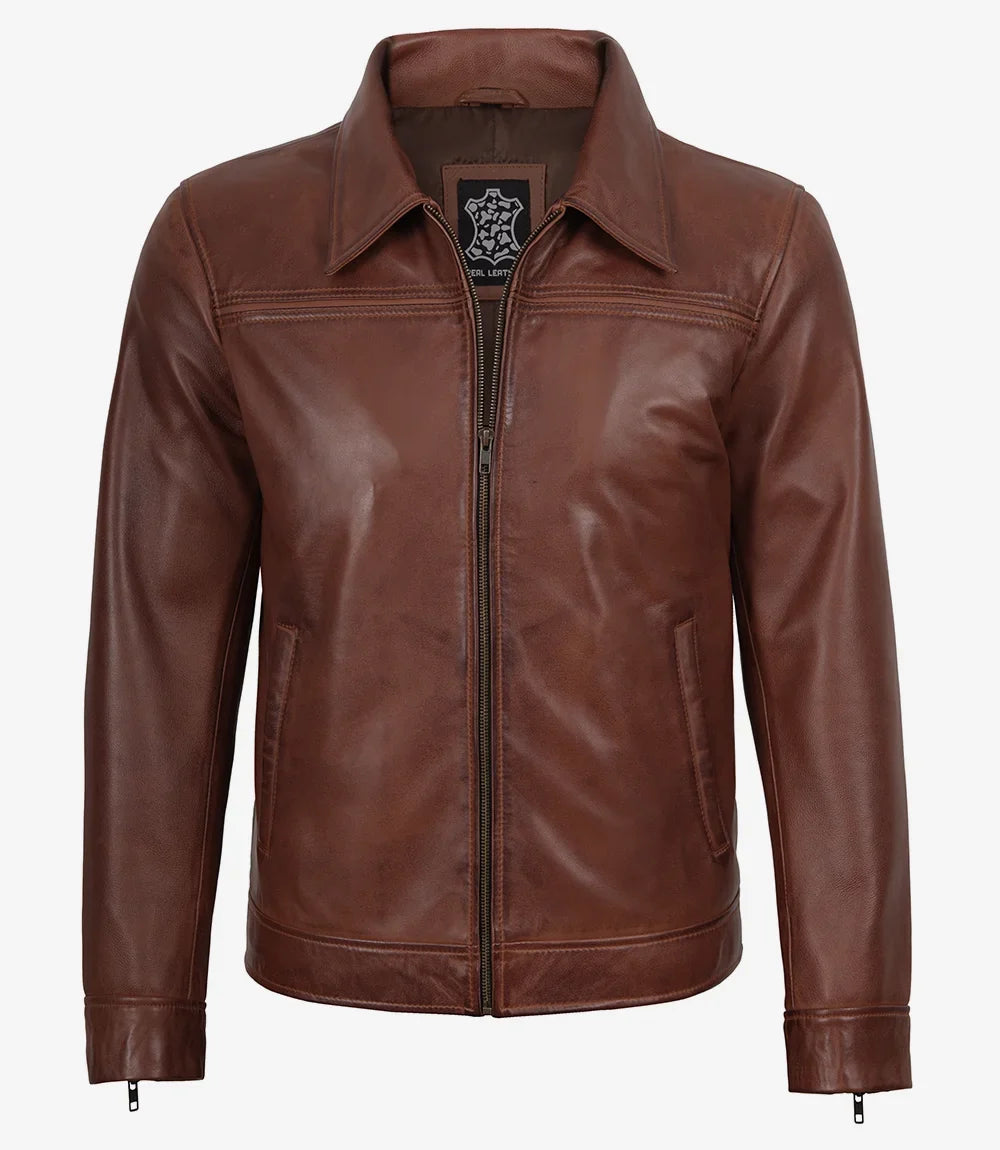 Mark Men's Cognac Brown Harrington Leather Jacket