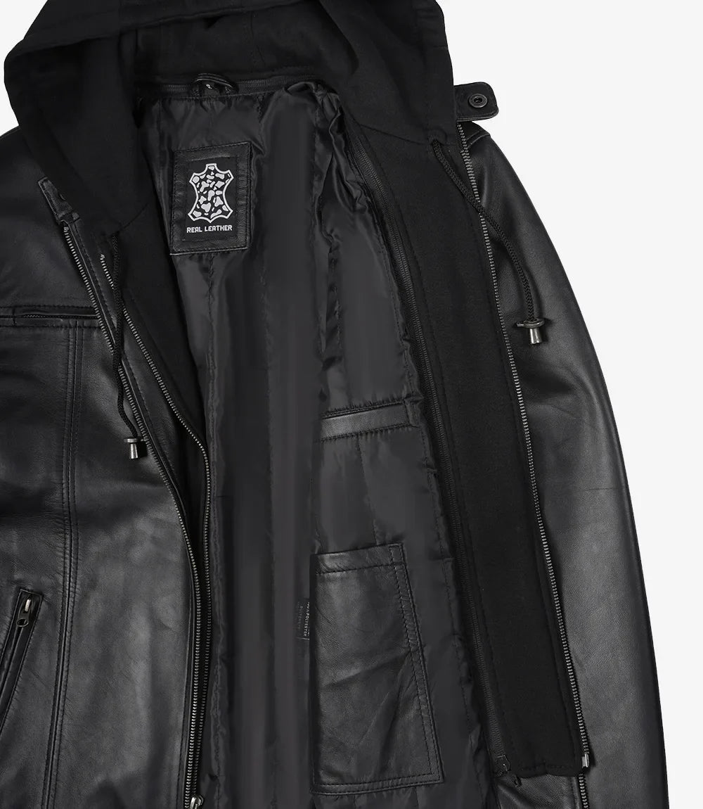 Jonathan Mens Black Cafe Racer Style Leather Jacket with Removable Hood