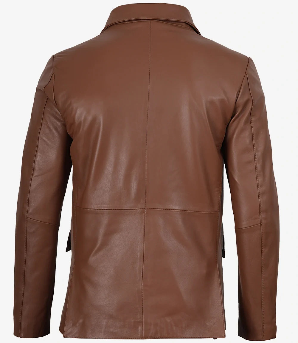 Mens Tall Two Buttons Cognac Leather Blazer