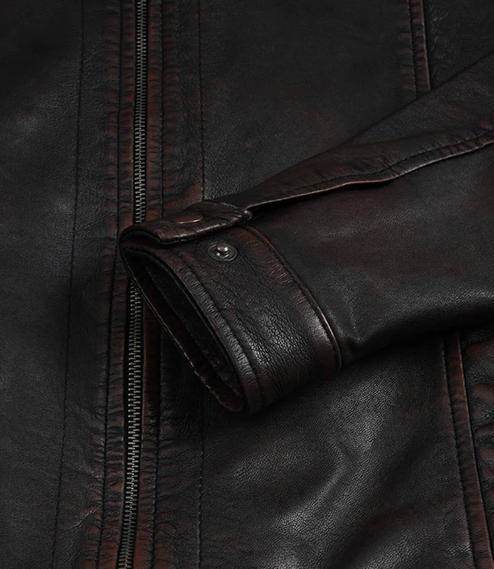 Men's Black Distressed Leather Jacket with Maroon Undertone