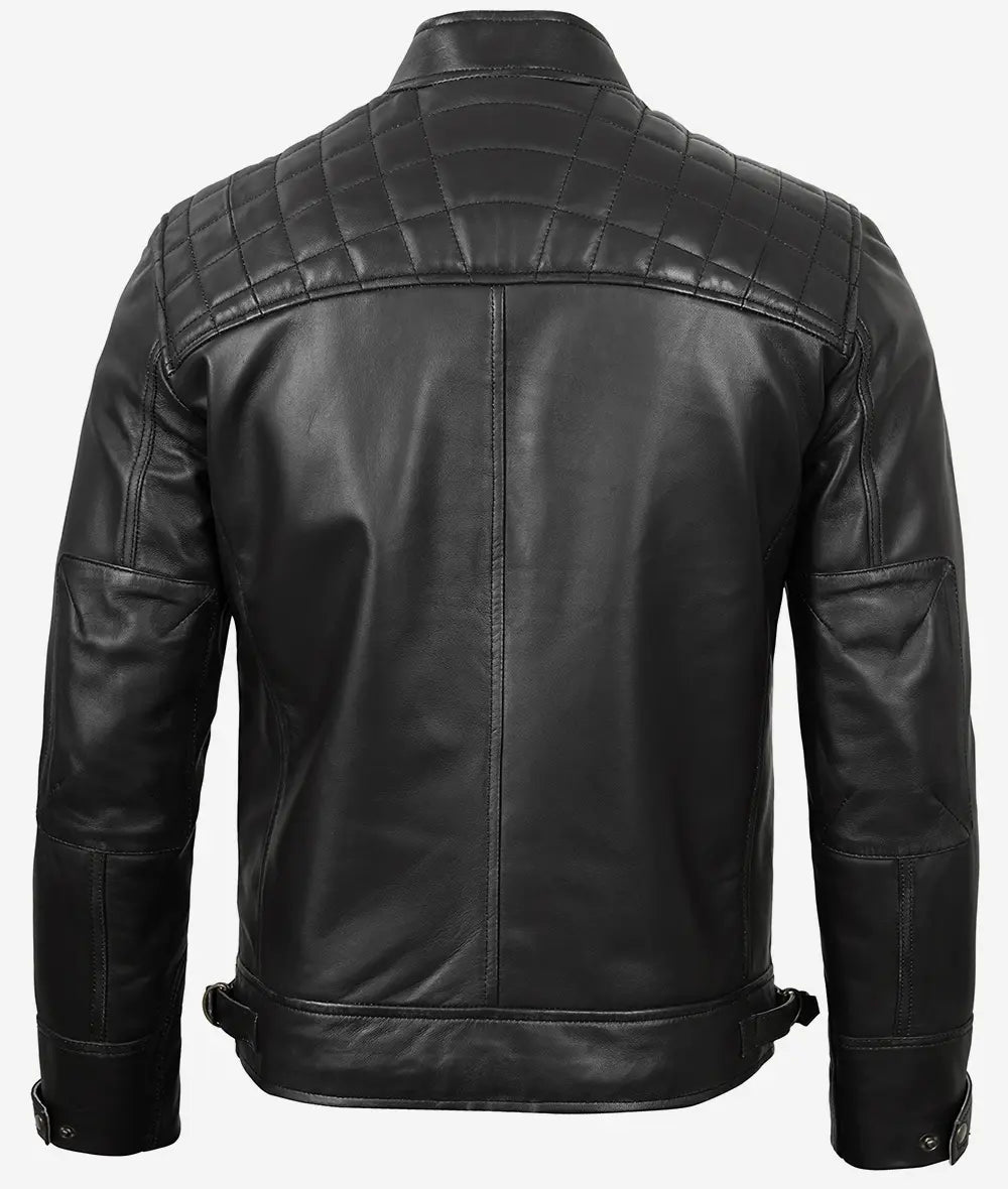 Men's Black Biker Style Leather Jacket - Quilted Shoulder