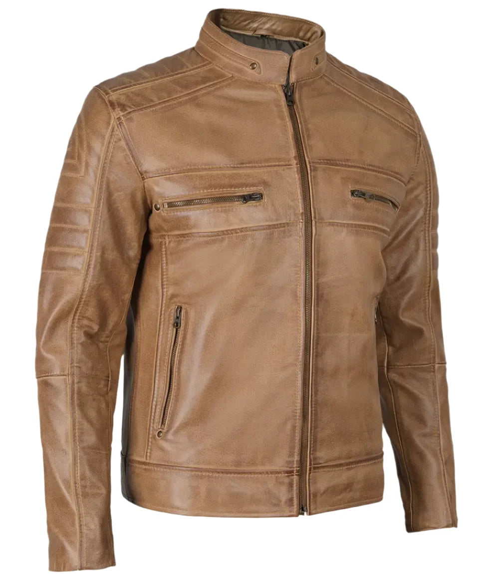 Austin Mens Distressed Tan Brown Cafe Racer Real Leather Jacket