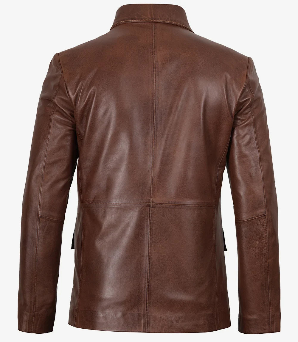 Mens Two Button Cognac Waxed Leather Blazer - Notch Lapel