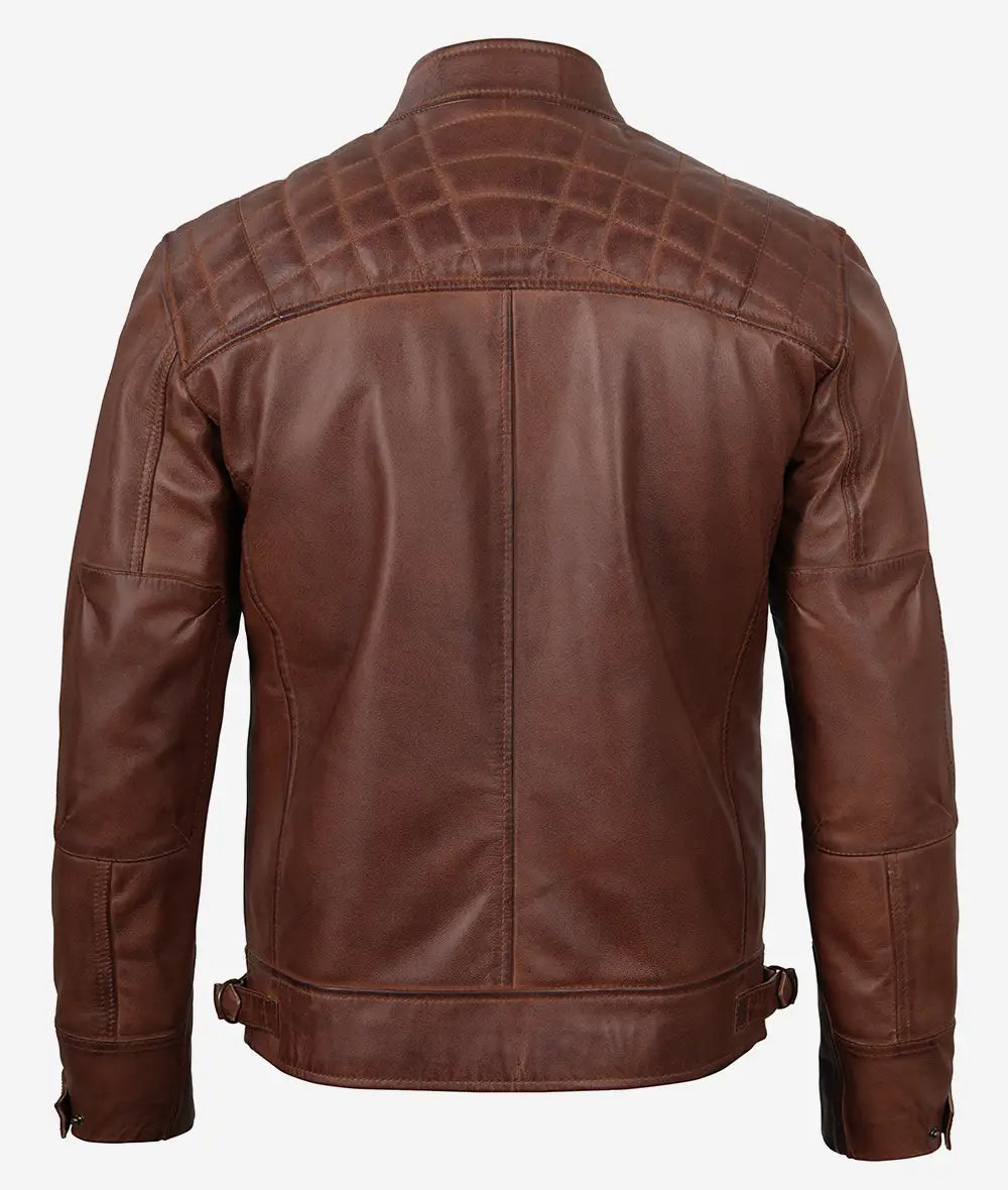 Johnson Mens Tall Cognac Biker Style Quilted Leather Jacket