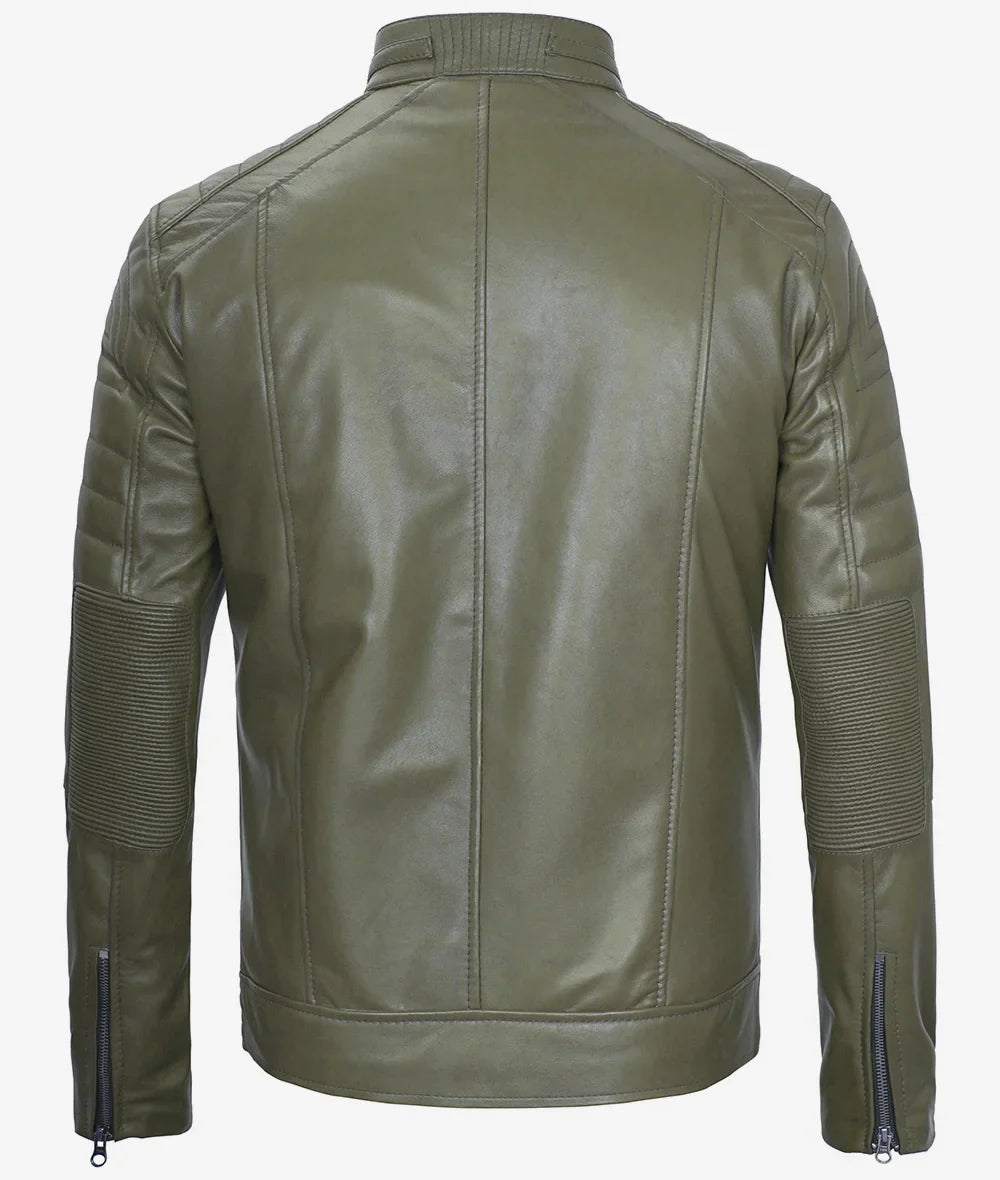 Mens Olive Green Biker Style Leather Jacket