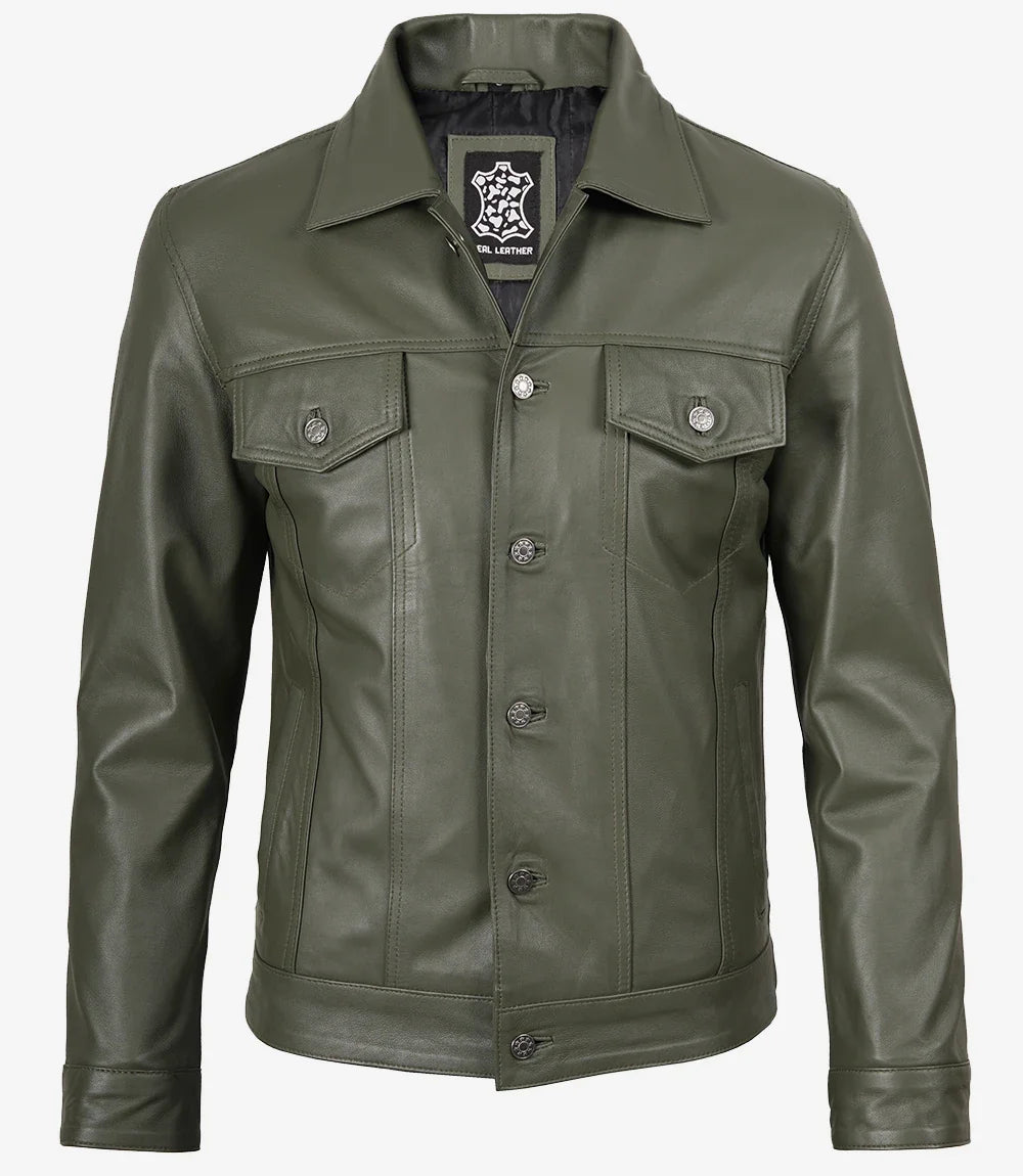 Men's Olive Green Real Leather Trucker Jacket
