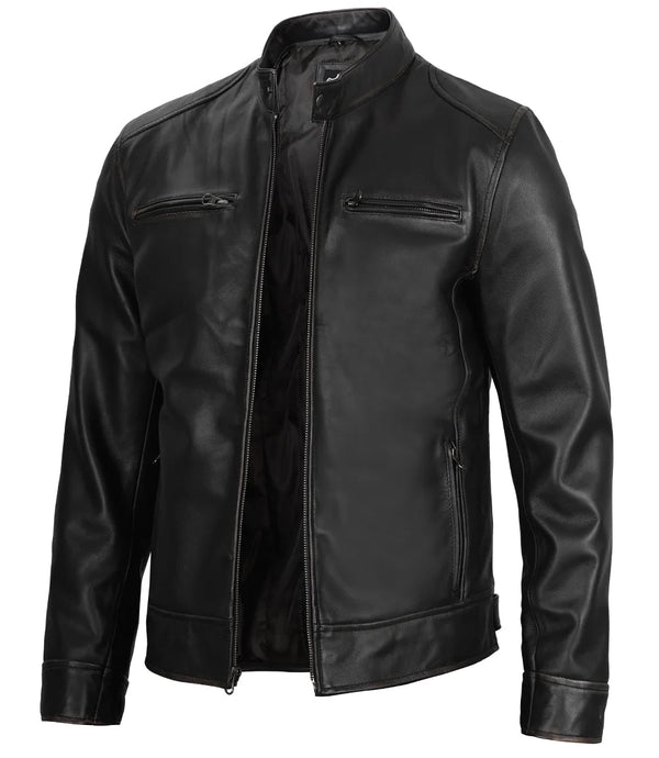 Dodge Men's Black Leather Cafe Racer Jacket Max Jackets