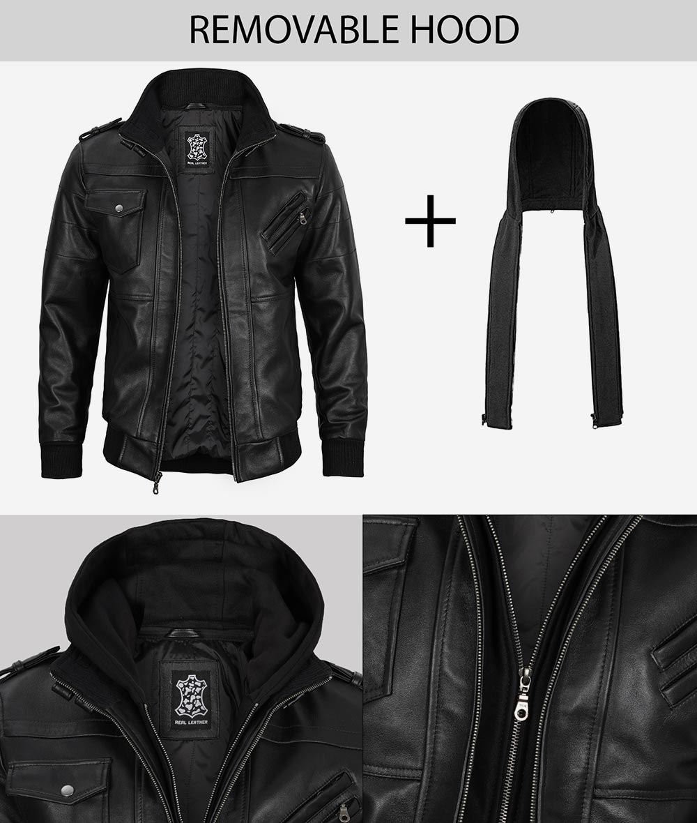 Men's Black Leather Bomber Jacket with Removable Hood