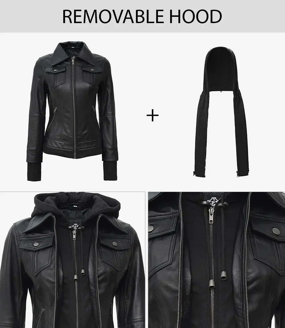 Womens Petite Black Bomber Leather Jacket With Removable Hood