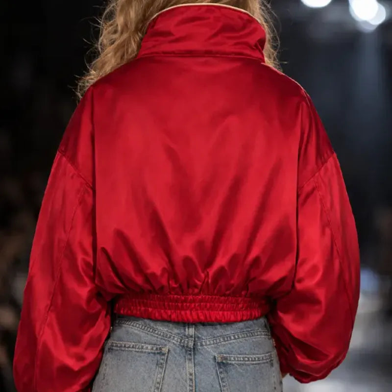 Vintage Red Satin Toggle-Closure Bomber Jacket