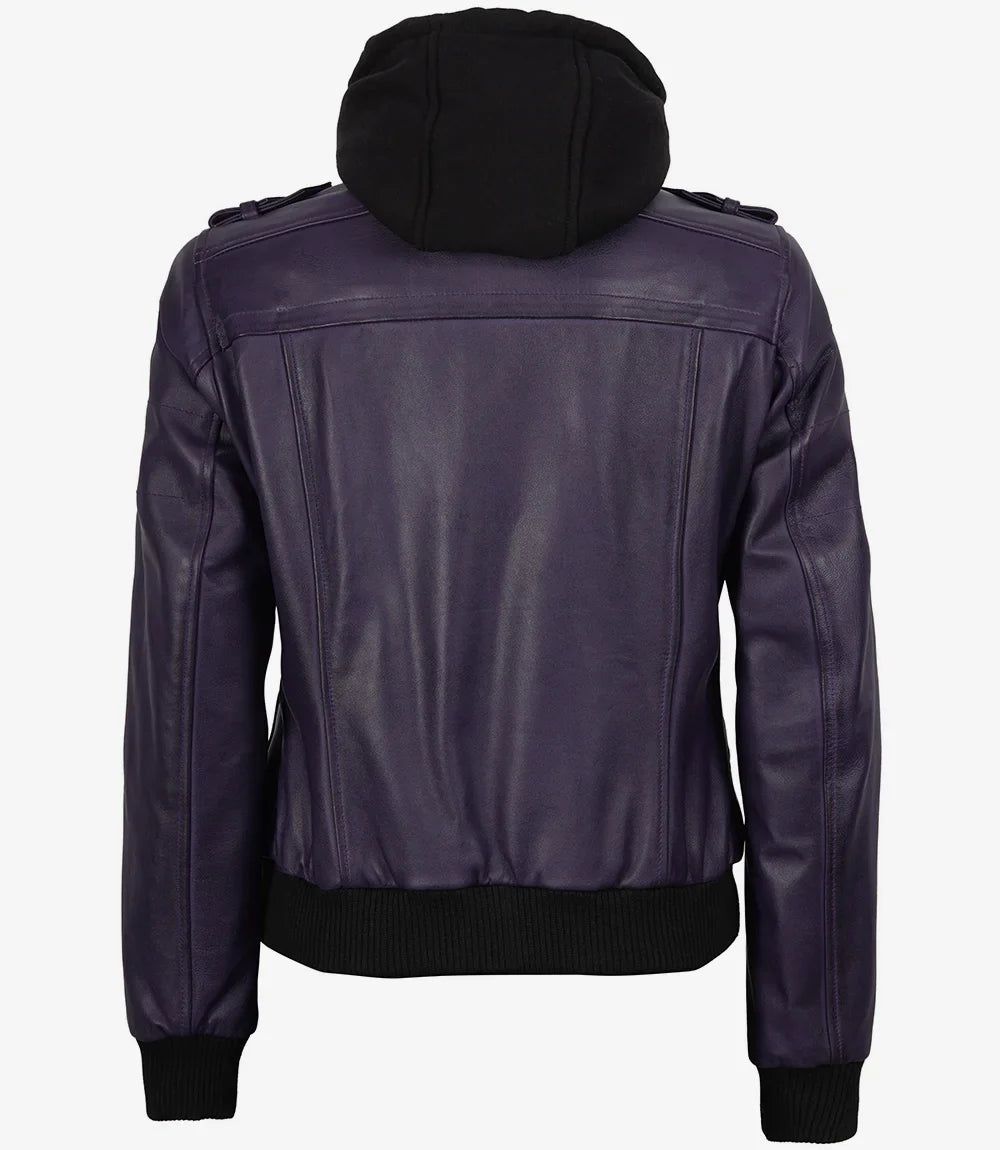 Women's Purple Bomber Leather Jacket with Removable Hood