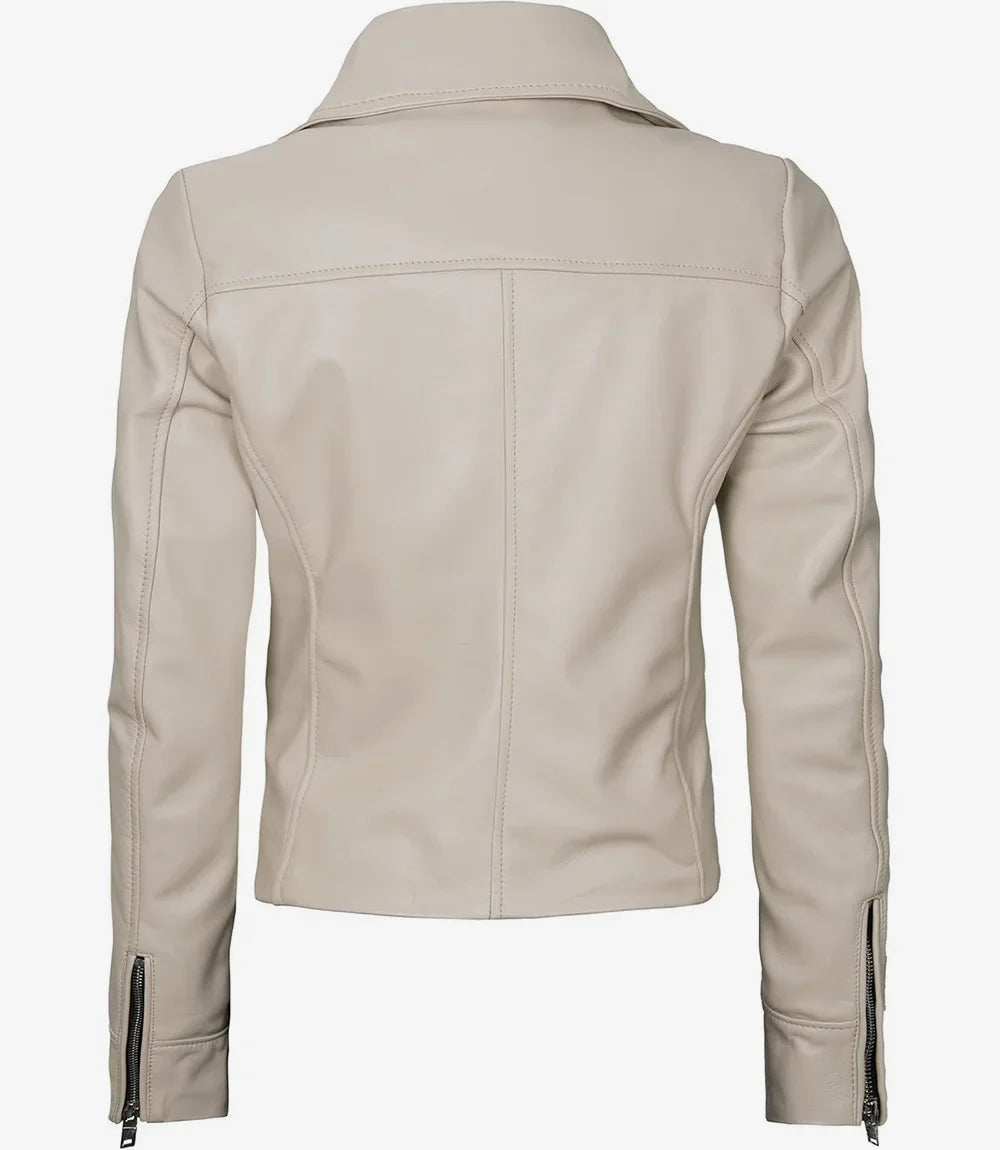 Women's Real Lambskin Leather Beige Biker Style Jacket