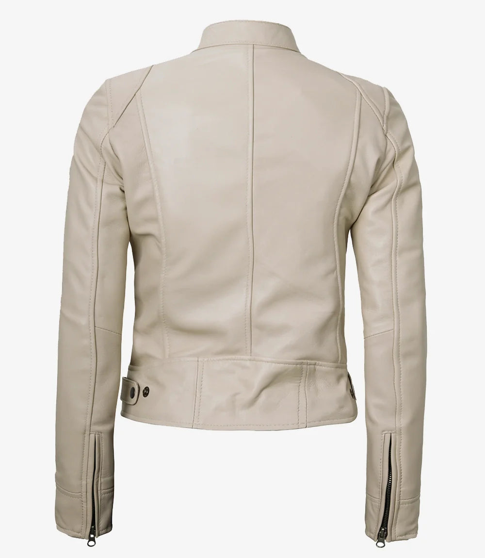 Dodge Beige Biker Style Leather Jacket for Women