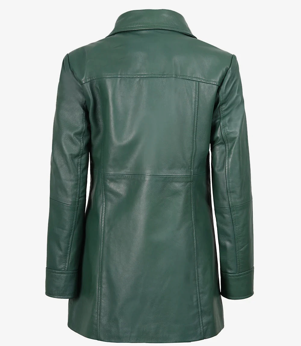 Women's Real Leather 3/4 Length Button Down Green Coat