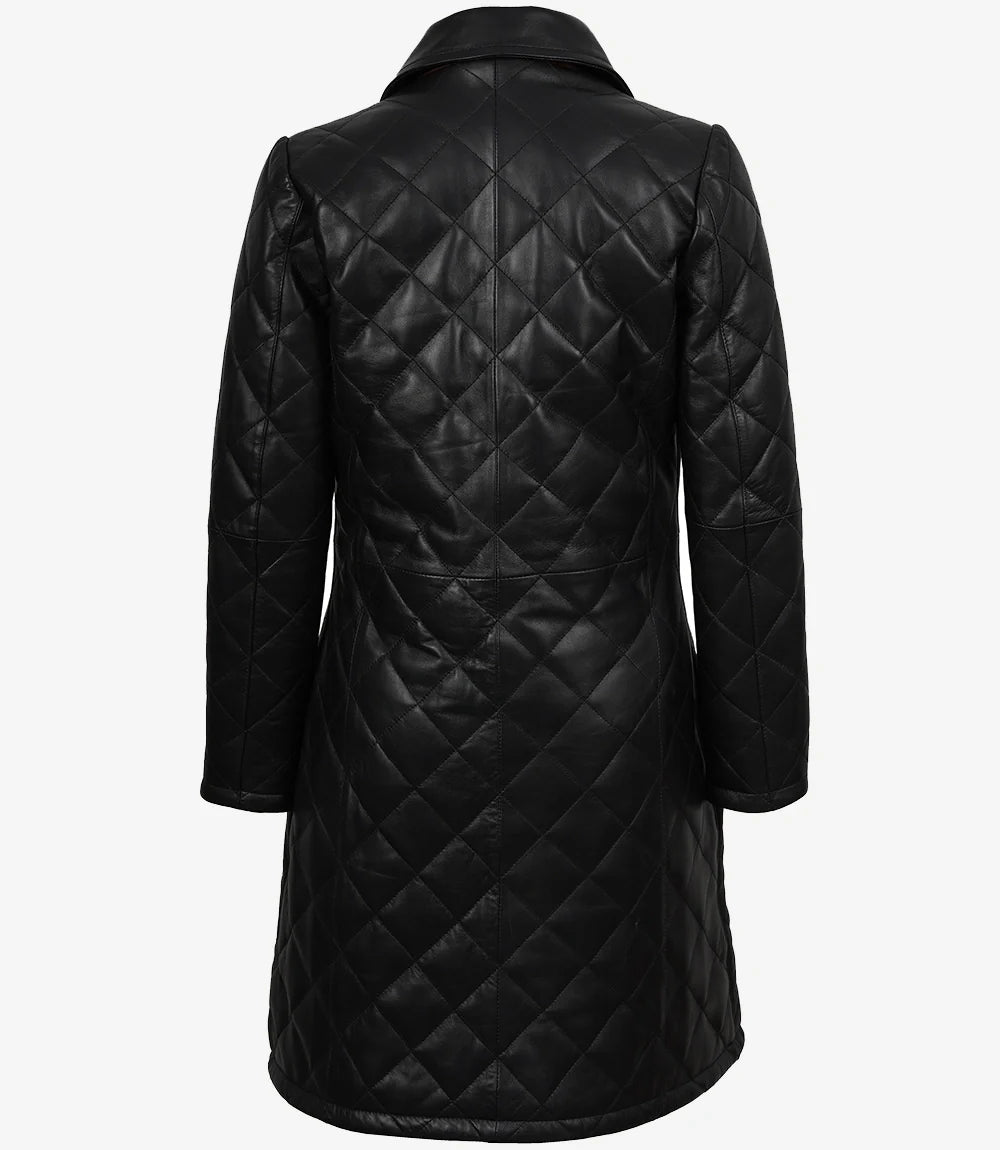 Glen Womens Real Leather Black Quilted Car Coat with Brown Detailing