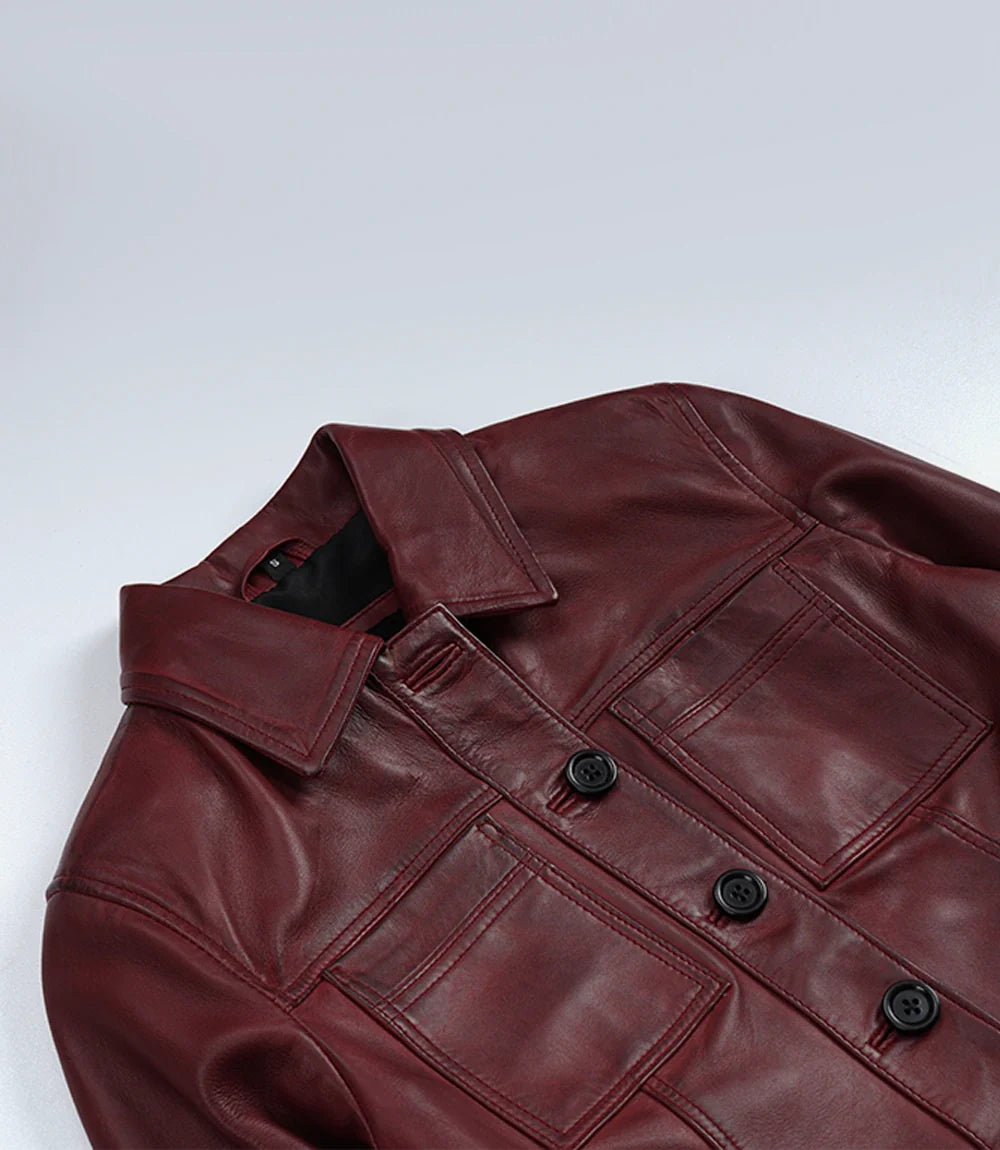 Womens Burgundy Waxed Cropped Leather Jacket