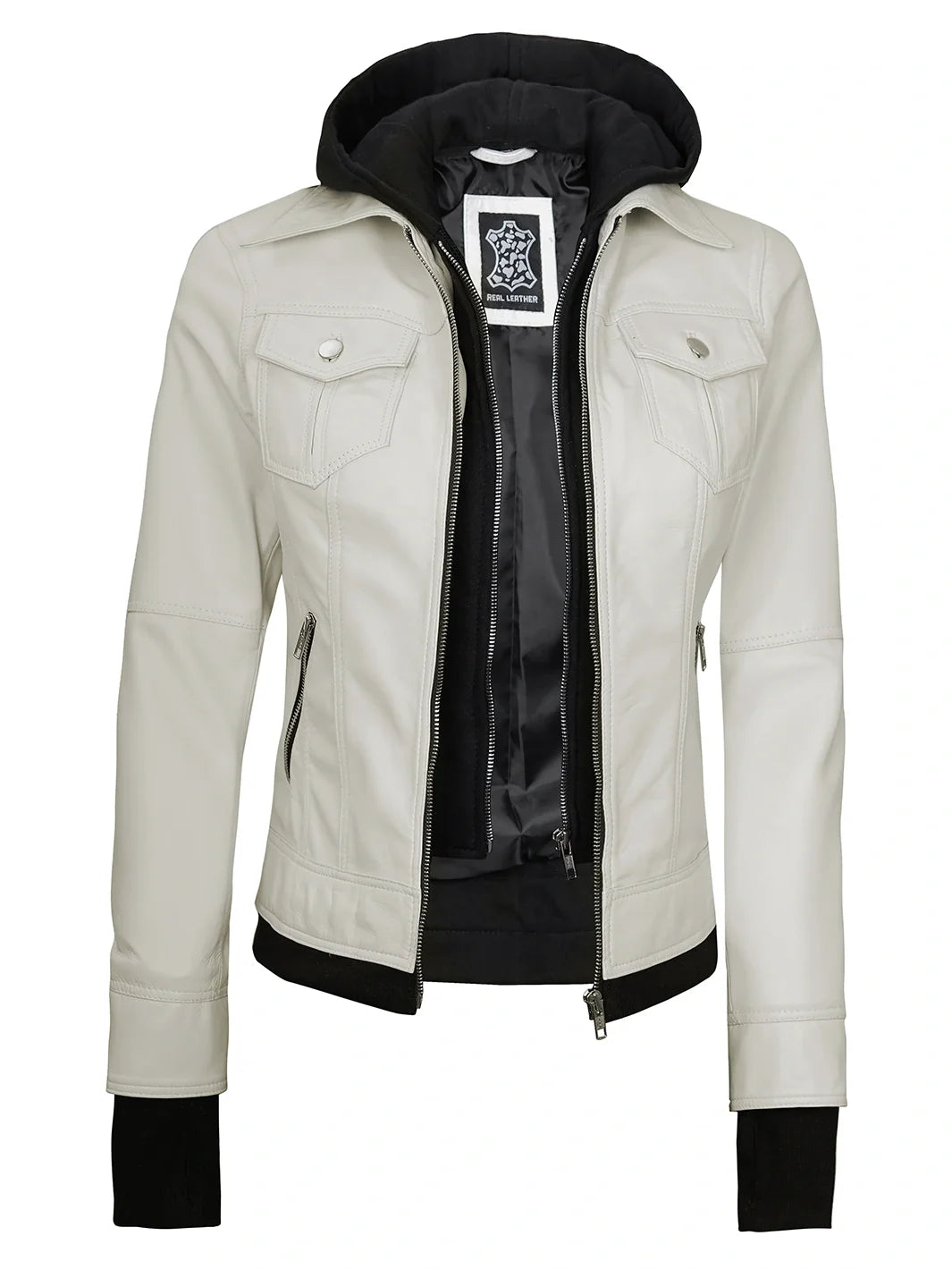 Real Leather Womens Off White Bomber Jacket with Removable Hood