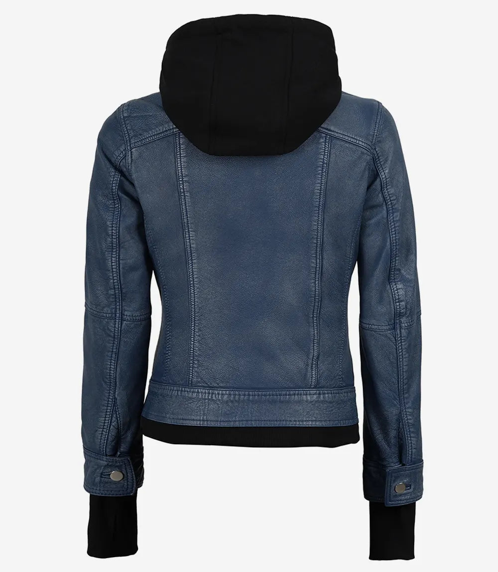 The Céleste: Womens Blue Washed Bomber Leather Jacket with Removable Hood