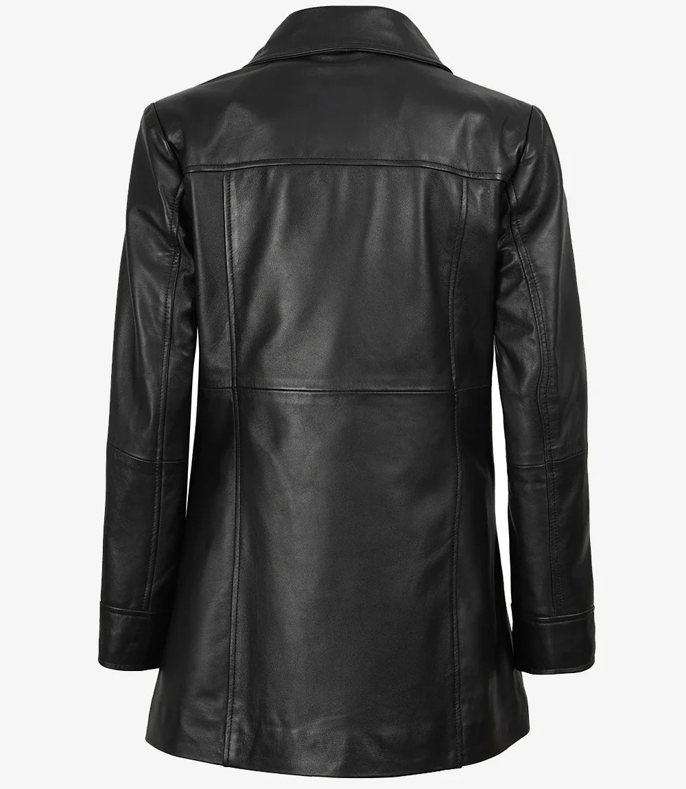 Womens Black 3/4 Length Button Down Leather Coat