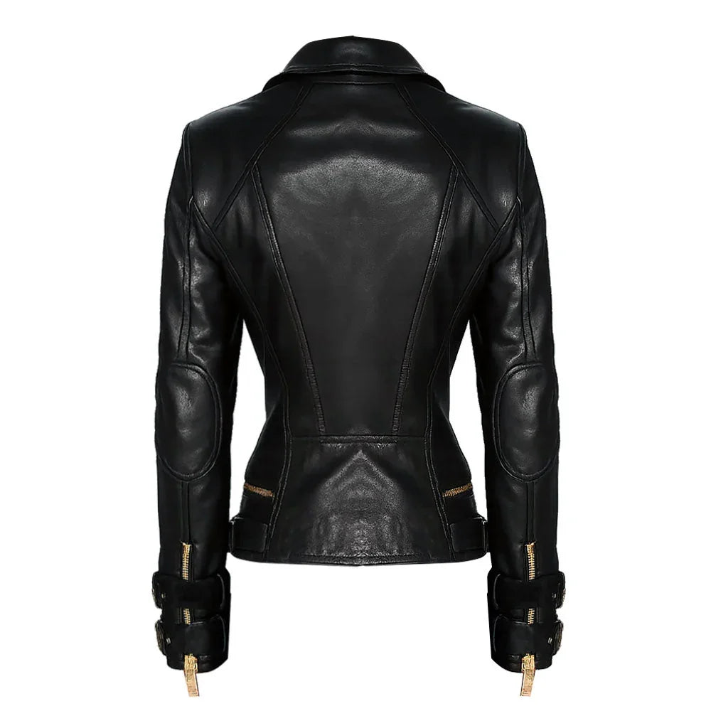 Gold Accents Zipper Closure Premium Sheepskin Leather Motorcycle Jacket for Women