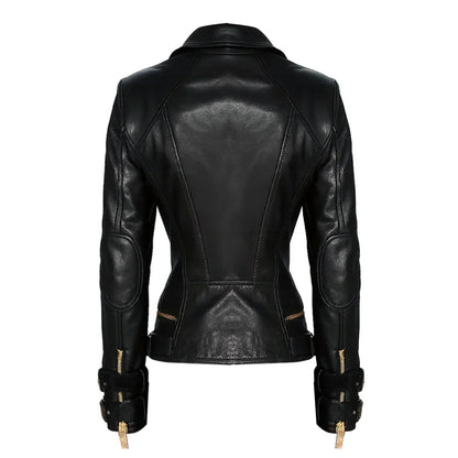Gold Accents Zipper Closure Premium Sheepskin Leather Motorcycle Jacket for Women