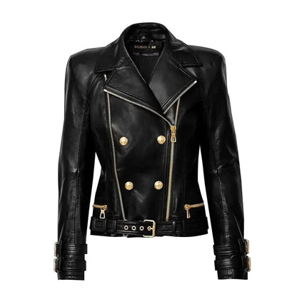 Gold Accents Zipper Closure Premium Sheepskin Leather Motorcycle Jacket for Women