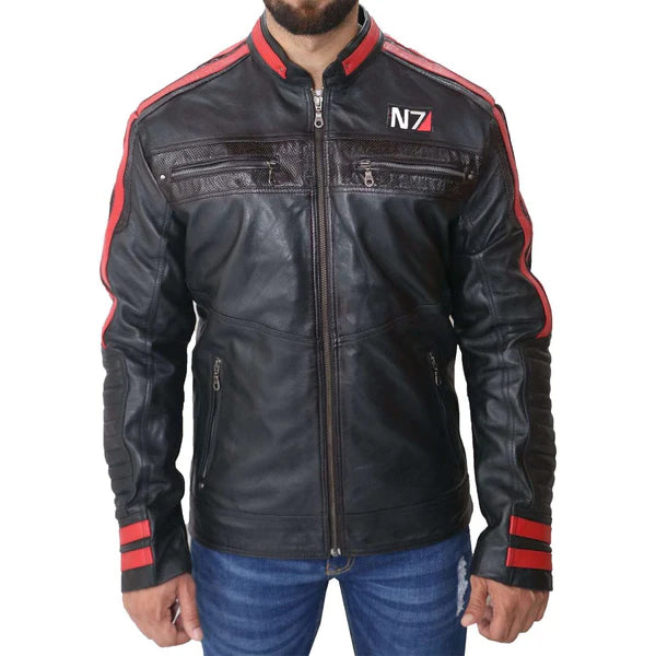 Men's N7 Mass 3 Commander Shepard Black Biker Leather Jacket Max Jackets