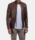 Men’s Brown Leather Jacket With Band Collar Max Jackets