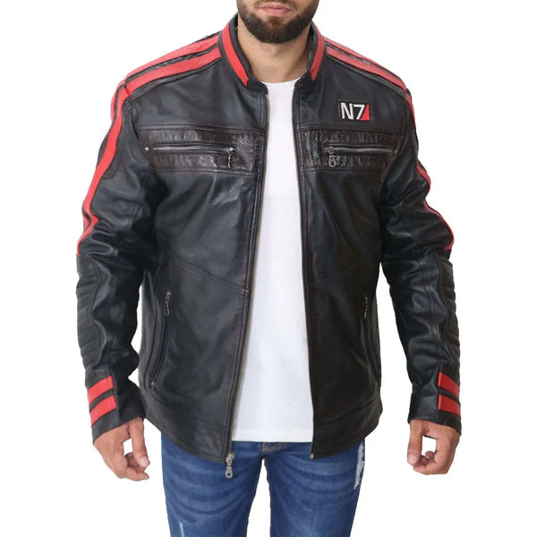 Men's N7 Mass 3 Commander Shepard Black Biker Leather Jacket Max Jackets