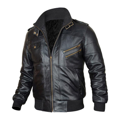 Bomber Removable Hooded Sheepskin Leather Jacket for Men